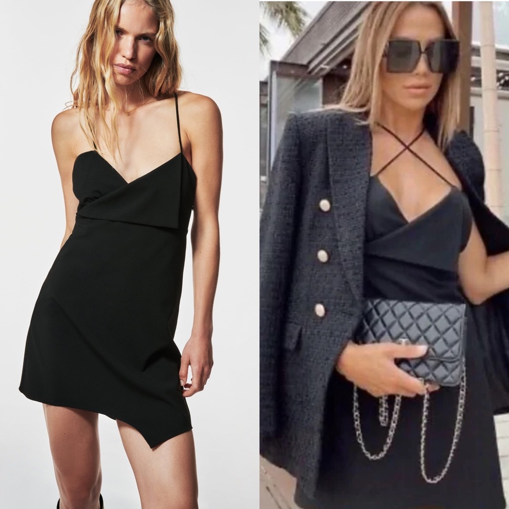 NWT Zara Surplice Strappy Asymmetrical Mini Black Dress